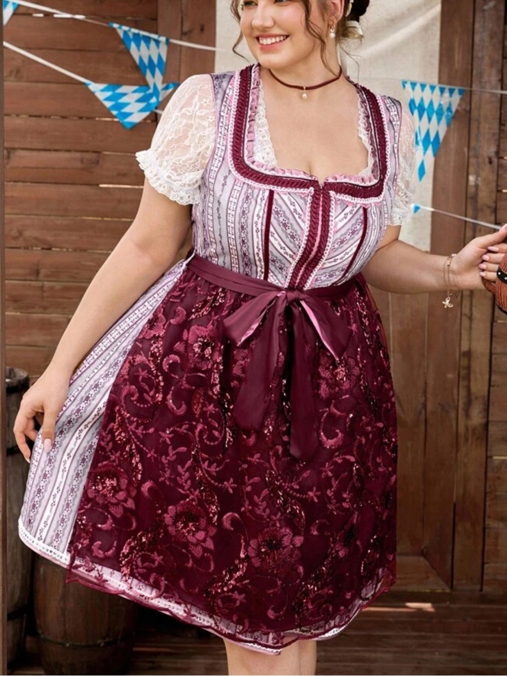 Plus Size Burgundy Floral Oktoberfest Dirndl Dress